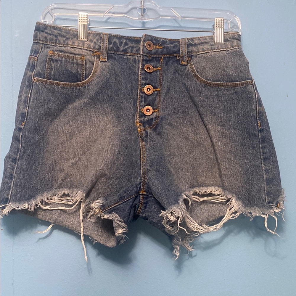 Blue High-Waisted Jean Shorts with Distressed Hem